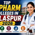Educational thumbnail showcasing a pharmacy student in front of a college campus with bold text highlighting the top B.Pharm colleges in Bilaspur for 2026, along with courses, fees, admissions, placements, and career opportunities.