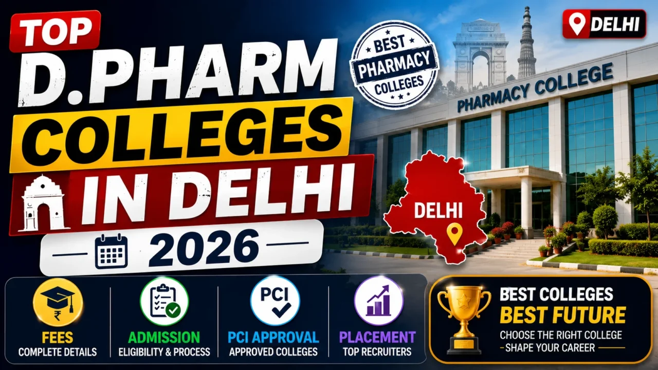 YouTube thumbnail featuring the top D.Pharm colleges in Delhi for 2026 with a pharmacy college campus, Delhi map, and highlights for fees, admission, PCI approval, and placement.