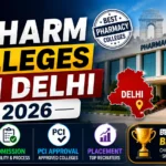 YouTube thumbnail featuring the top D.Pharm colleges in Delhi for 2026 with a pharmacy college campus, Delhi map, and highlights for fees, admission, PCI approval, and placement.