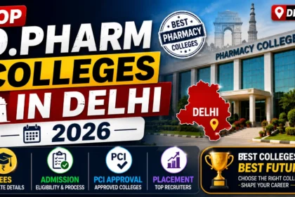YouTube thumbnail featuring the top D.Pharm colleges in Delhi for 2026 with a pharmacy college campus, Delhi map, and highlights for fees, admission, PCI approval, and placement.
