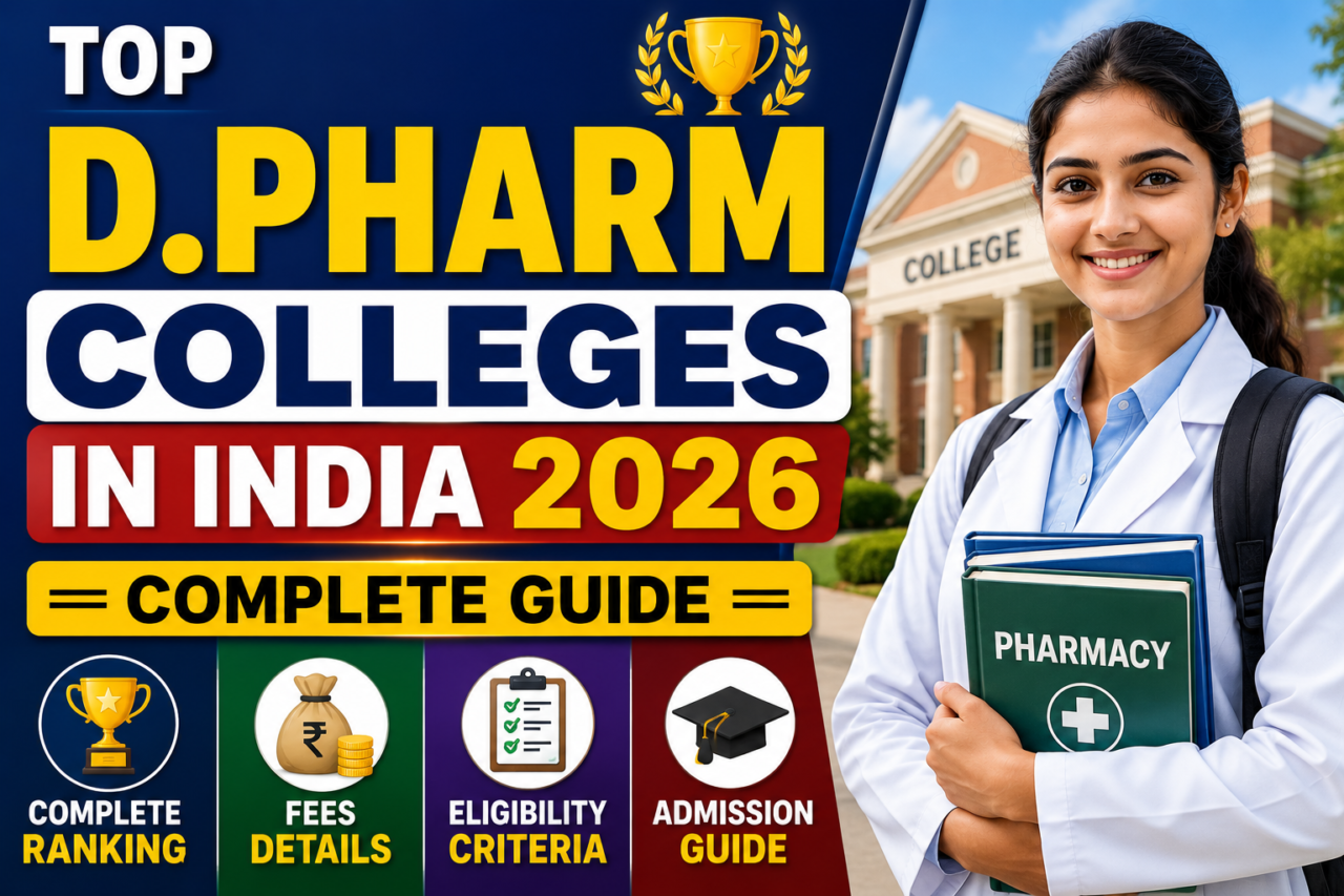 Top D.Pharm Colleges in India 2026 complete guide thumbnail featuring a pharmacy student in front of a college campus with ranking, fees, eligibility, and admission highlights.
