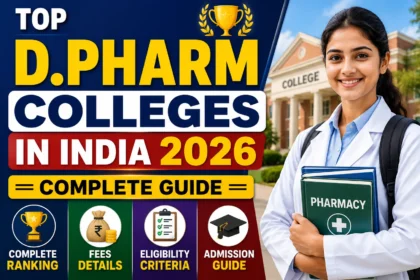 Top D.Pharm Colleges in India 2026 complete guide thumbnail featuring a pharmacy student in front of a college campus with ranking, fees, eligibility, and admission highlights.