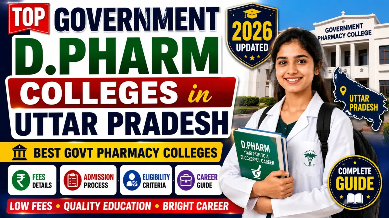 YouTube thumbnail featuring the Top Government D.Pharm Colleges in Uttar Pradesh 2026 with a pharmacy student, government pharmacy college building, Uttar Pradesh map, and highlights for fees, admission, eligibility, and career guide.