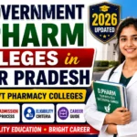 YouTube thumbnail featuring the Top Government D.Pharm Colleges in Uttar Pradesh 2026 with a pharmacy student, government pharmacy college building, Uttar Pradesh map, and highlights for fees, admission, eligibility, and career guide.