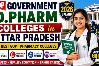 YouTube thumbnail featuring the Top Government D.Pharm Colleges in Uttar Pradesh 2026 with a pharmacy student, government pharmacy college building, Uttar Pradesh map, and highlights for fees, admission, eligibility, and career guide.