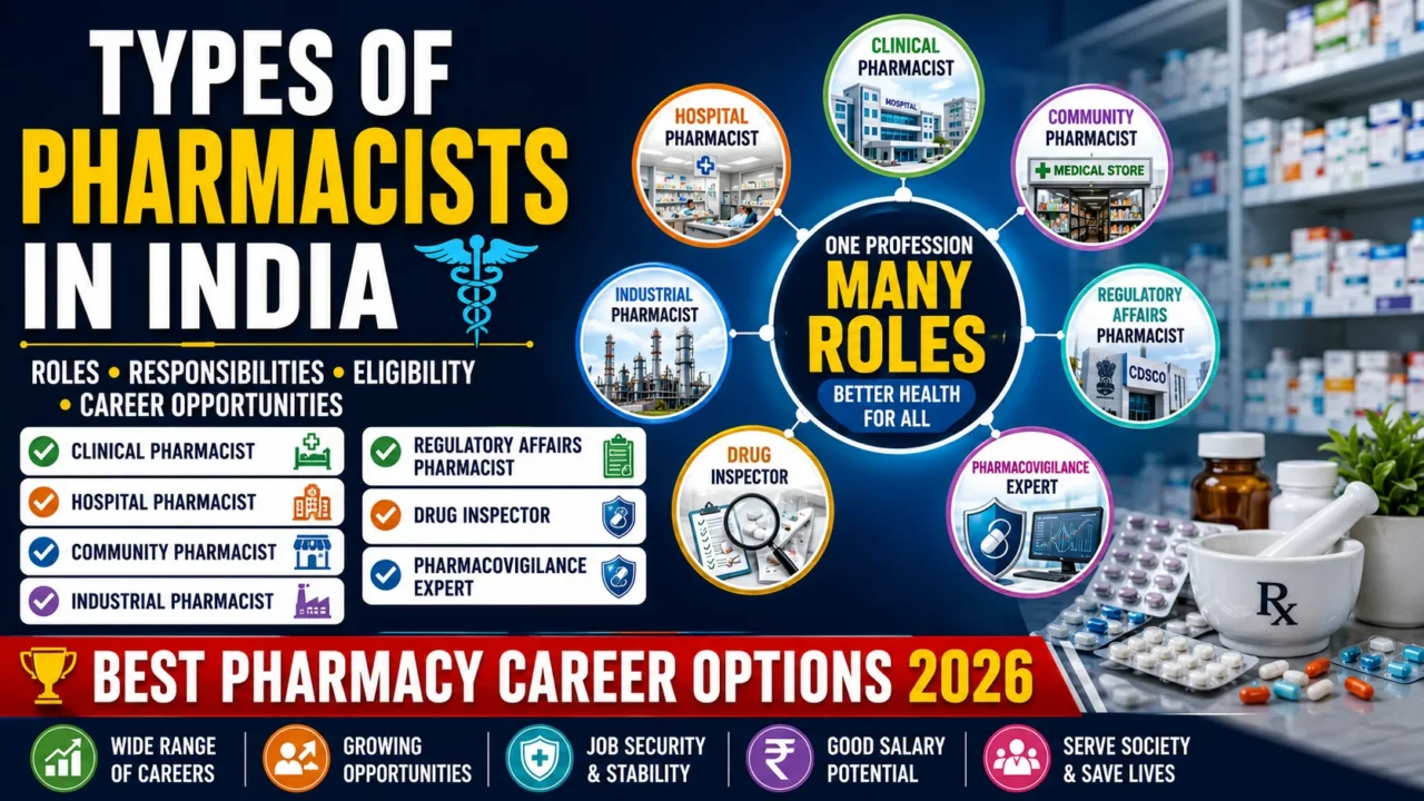 Infographic-style thumbnail showcasing different types of pharmacists in India, including Clinical Pharmacist, Hospital Pharmacist, Community Pharmacist, Industrial Pharmacist, Regulatory Affairs Pharmacist, Drug Inspector, and Pharmacovigilance Expert. The design highlights roles, responsibilities, eligibility, and career opportunities in the pharmacy profession.