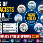Infographic-style thumbnail showcasing different types of pharmacists in India, including Clinical Pharmacist, Hospital Pharmacist, Community Pharmacist, Industrial Pharmacist, Regulatory Affairs Pharmacist, Drug Inspector, and Pharmacovigilance Expert. The design highlights roles, responsibilities, eligibility, and career opportunities in the pharmacy profession.