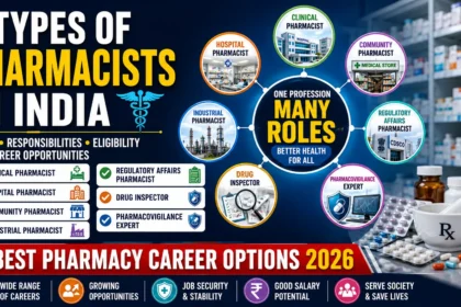 Infographic-style thumbnail showcasing different types of pharmacists in India, including Clinical Pharmacist, Hospital Pharmacist, Community Pharmacist, Industrial Pharmacist, Regulatory Affairs Pharmacist, Drug Inspector, and Pharmacovigilance Expert. The design highlights roles, responsibilities, eligibility, and career opportunities in the pharmacy profession.