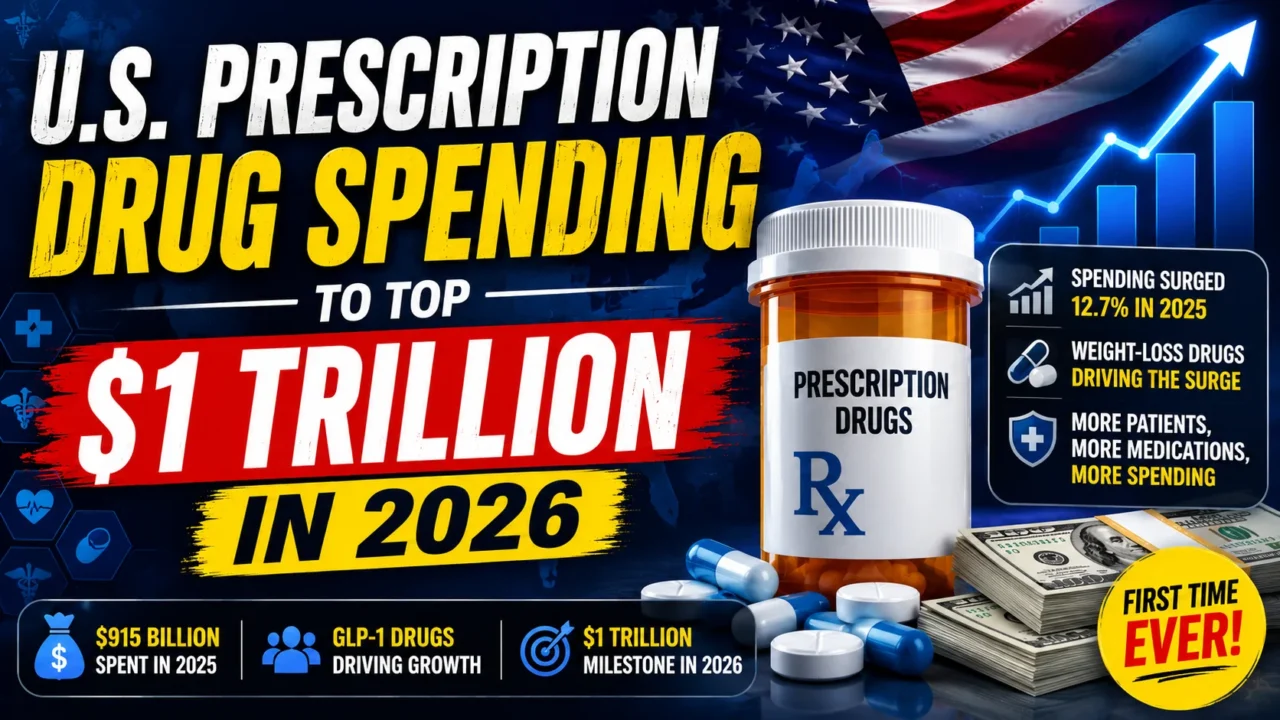 Infographic-style thumbnail showing U.S. prescription drug spending projected to surpass $1 trillion in 2026, featuring a prescription pill bottle, capsules, rising financial graph, U.S. flag, and highlights on GLP-1 weight-loss drugs driving healthcare spending growth.