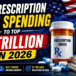 Infographic-style thumbnail showing U.S. prescription drug spending projected to surpass $1 trillion in 2026, featuring a prescription pill bottle, capsules, rising financial graph, U.S. flag, and highlights on GLP-1 weight-loss drugs driving healthcare spending growth.