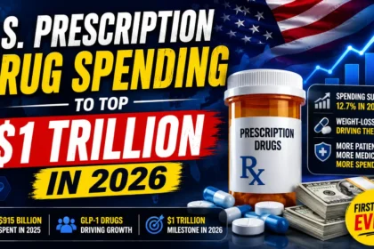 Infographic-style thumbnail showing U.S. prescription drug spending projected to surpass $1 trillion in 2026, featuring a prescription pill bottle, capsules, rising financial graph, U.S. flag, and highlights on GLP-1 weight-loss drugs driving healthcare spending growth.
