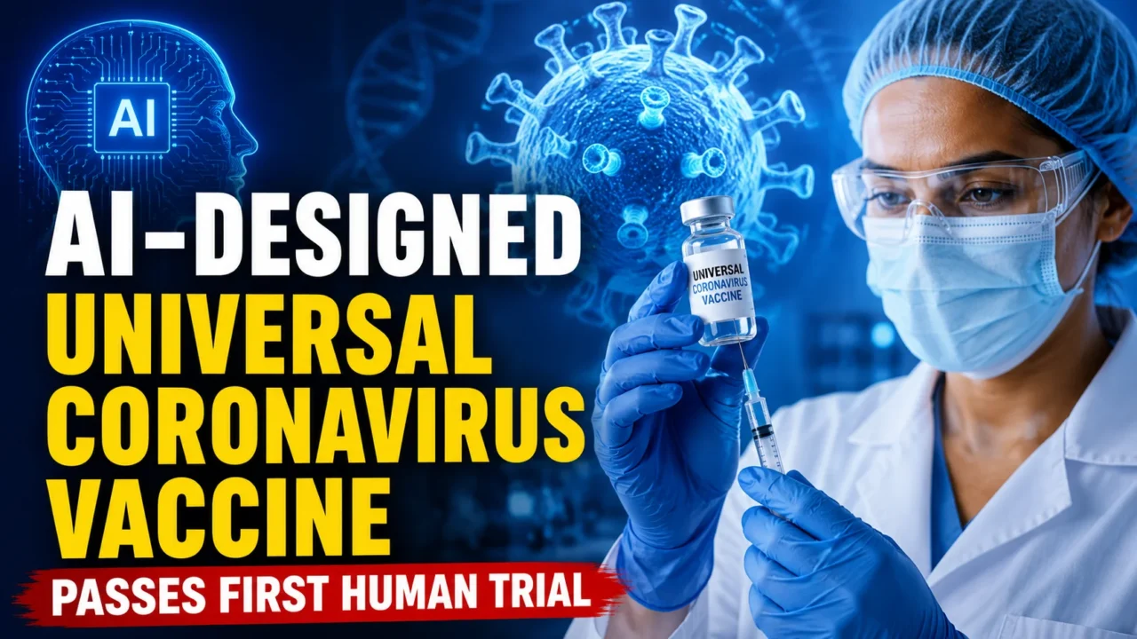 YouTube thumbnail featuring an AI-generated universal coronavirus vaccine, a scientist holding a vaccine vial, coronavirus graphics, DNA strands, and bold text announcing the successful completion of the first human trial.