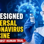 YouTube thumbnail featuring an AI-generated universal coronavirus vaccine, a scientist holding a vaccine vial, coronavirus graphics, DNA strands, and bold text announcing the successful completion of the first human trial.