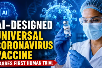 YouTube thumbnail featuring an AI-generated universal coronavirus vaccine, a scientist holding a vaccine vial, coronavirus graphics, DNA strands, and bold text announcing the successful completion of the first human trial.