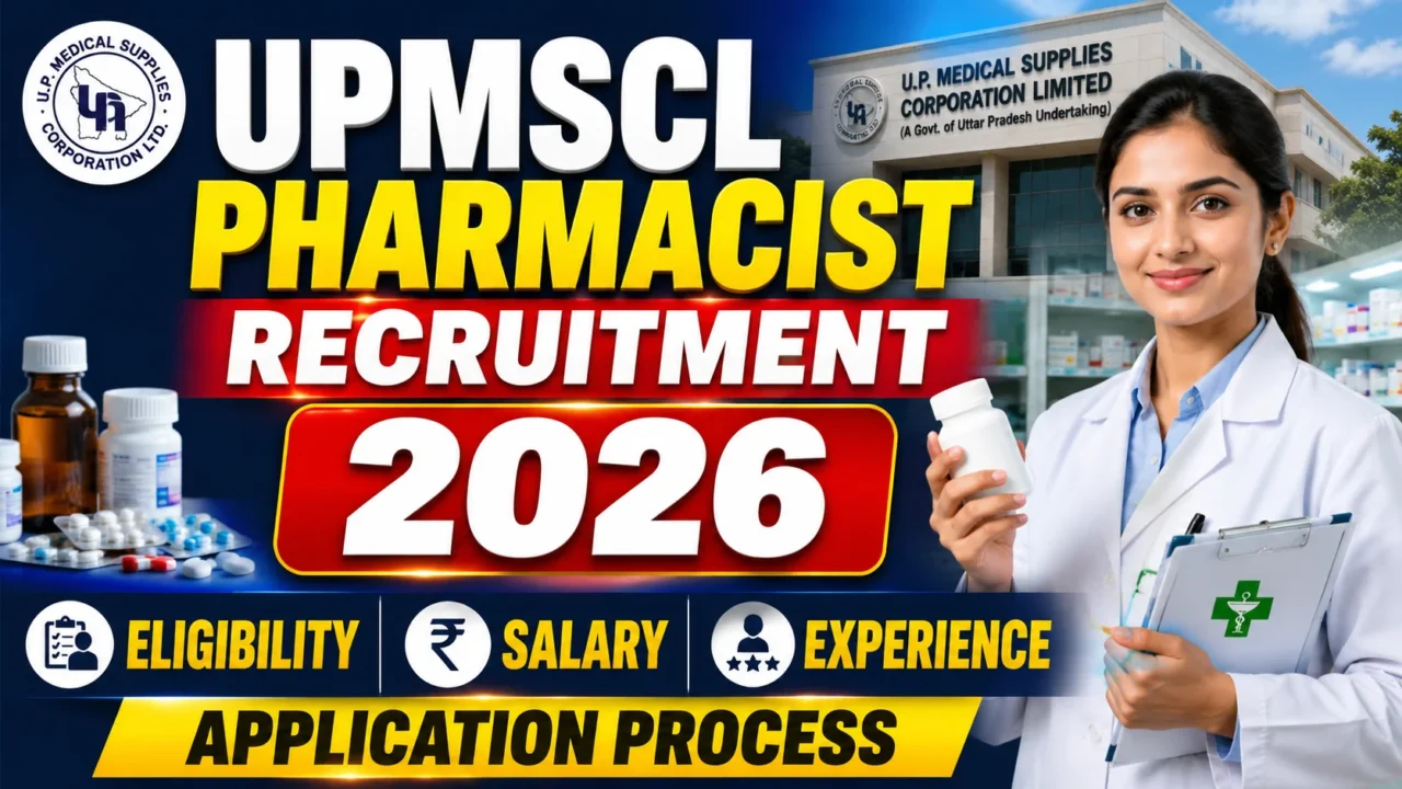 UPMSCL Pharmacist Recruitment 2026 thumbnail featuring a pharmacist in a white lab coat, medicine bottles, UPMSCL building background, and bold recruitment announcement text.