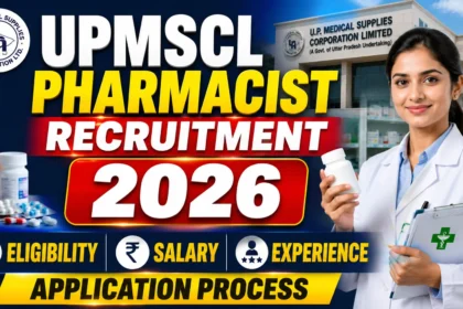 UPMSCL Pharmacist Recruitment 2026 thumbnail featuring a pharmacist in a white lab coat, medicine bottles, UPMSCL building background, and bold recruitment announcement text.