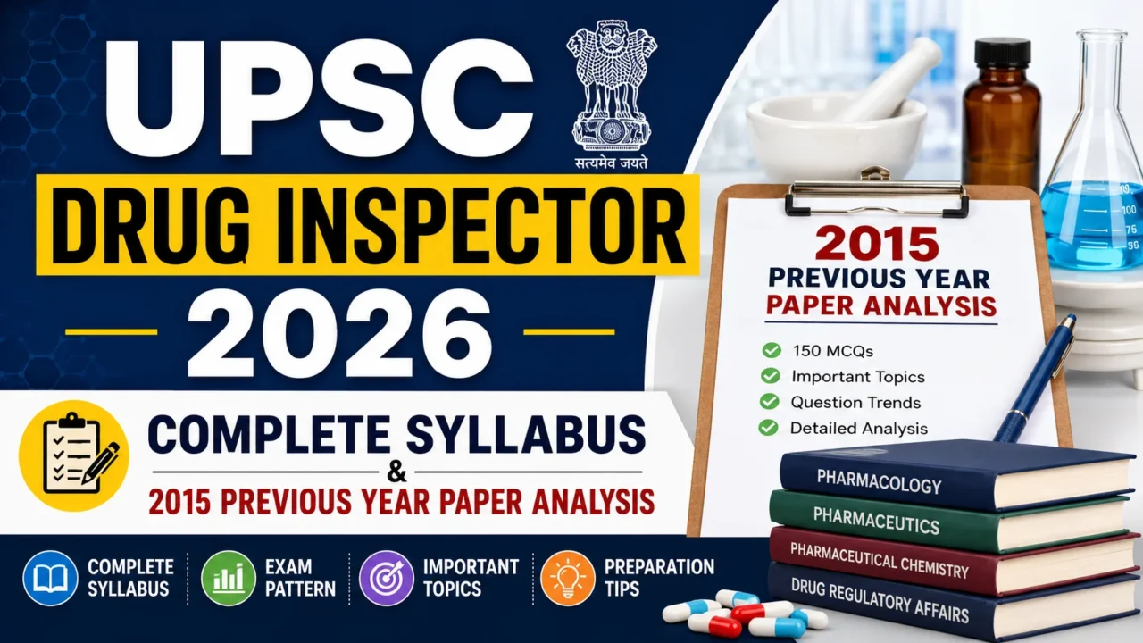 UPSC Drug Inspector 2026 Complete Syllabus and 2015 Previous Year Paper Analysis thumbnail featuring laboratory equipment, pharmacy books, complete syllabus, exam pattern, important topics, and preparation tips.