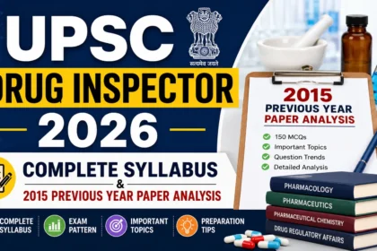 UPSC Drug Inspector 2026 Complete Syllabus and 2015 Previous Year Paper Analysis thumbnail featuring laboratory equipment, pharmacy books, complete syllabus, exam pattern, important topics, and preparation tips.