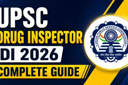 UPSC Drug Inspector DI 2026 complete guide thumbnail featuring the UPSC logo with information on eligibility, 186 vacancies, syllabus, exam pattern, previous year question paper analysis, and preparation strategy.