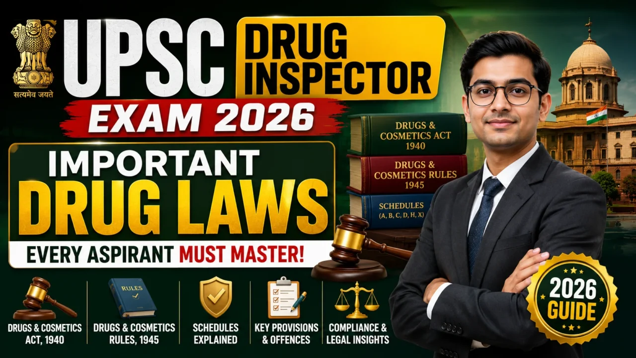 YouTube thumbnail for UPSC Drug Inspector Exam 2026 featuring Important Drug Laws, Drugs & Cosmetics Act 1940, Drugs & Cosmetics Rules 1945, Schedules, legal provisions, and UPSC preparation guide.