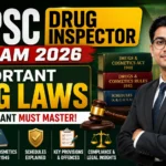 YouTube thumbnail for UPSC Drug Inspector Exam 2026 featuring Important Drug Laws, Drugs & Cosmetics Act 1940, Drugs & Cosmetics Rules 1945, Schedules, legal provisions, and UPSC preparation guide.