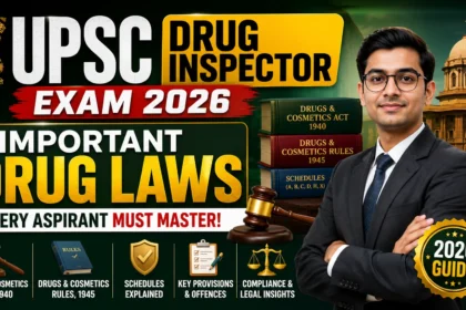 YouTube thumbnail for UPSC Drug Inspector Exam 2026 featuring Important Drug Laws, Drugs & Cosmetics Act 1940, Drugs & Cosmetics Rules 1945, Schedules, legal provisions, and UPSC preparation guide.