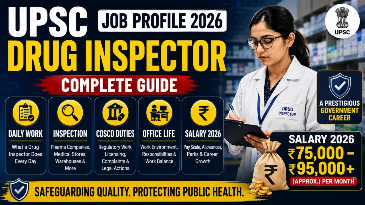 UPSC Drug Inspector Job Profile 2026 thumbnail featuring a Drug Inspector inspecting medicines in a pharmacy with highlights on daily work, inspection duties, CDSCO responsibilities, office life, and salary details.