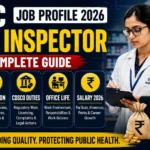 UPSC Drug Inspector Job Profile 2026 thumbnail featuring a Drug Inspector inspecting medicines in a pharmacy with highlights on daily work, inspection duties, CDSCO responsibilities, office life, and salary details.