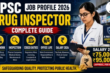 UPSC Drug Inspector Job Profile 2026 thumbnail featuring a Drug Inspector inspecting medicines in a pharmacy with highlights on daily work, inspection duties, CDSCO responsibilities, office life, and salary details.