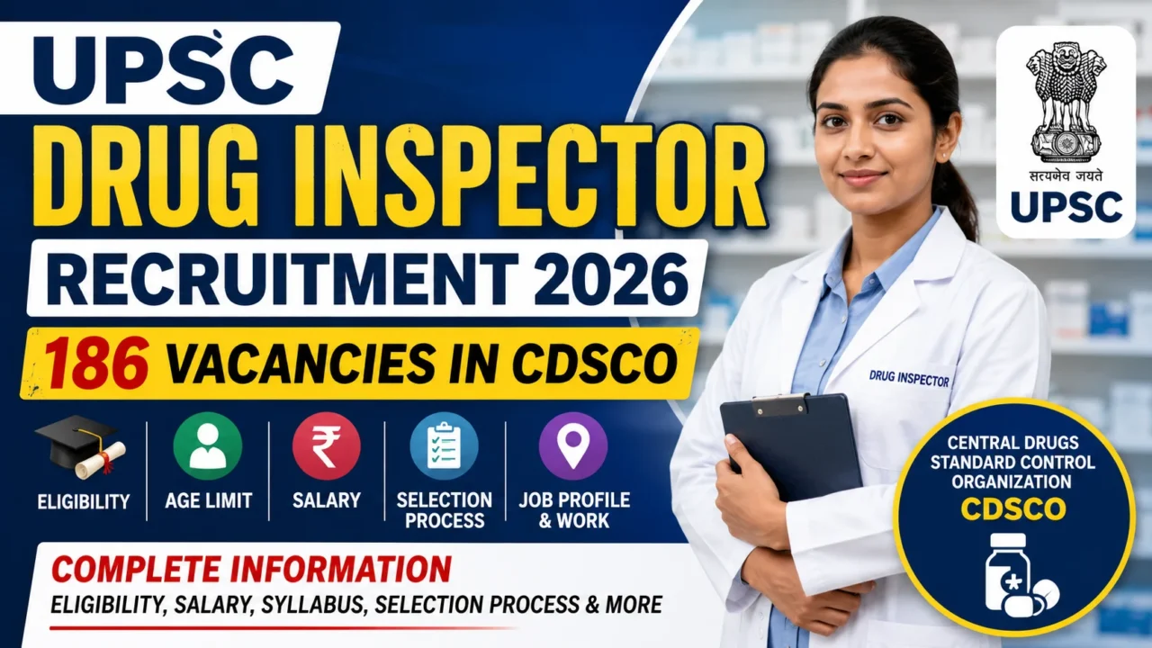 UPSC Drug Inspector Recruitment 2026 thumbnail featuring a drug inspector in a laboratory, 186 CDSCO vacancies, eligibility criteria, age limit, salary, selection process, and job profile information.