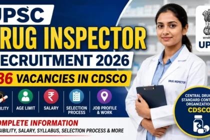 UPSC Drug Inspector Recruitment 2026 thumbnail featuring a drug inspector in a laboratory, 186 CDSCO vacancies, eligibility criteria, age limit, salary, selection process, and job profile information.