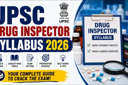UPSC Drug Inspector Syllabus 2026 blog thumbnail featuring pharmacy books, medicine bottles, a clipboard labeled Drug Inspector Syllabus, and highlights including Paper-I, Paper-II, exam pattern, preparation strategy, and best books.