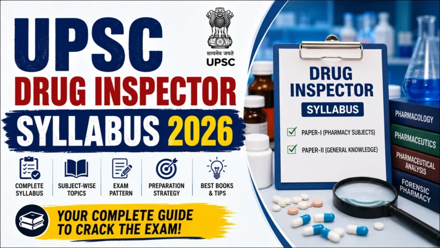 UPSC Drug Inspector Syllabus 2026 blog thumbnail featuring pharmacy books, medicine bottles, a clipboard labeled Drug Inspector Syllabus, and highlights including Paper-I, Paper-II, exam pattern, preparation strategy, and best books.