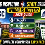 Comparison thumbnail showing UPSC Drug Inspector vs State Drug Inspector with government buildings, salary, eligibility, exam pattern, career growth, and a 2026 guide for pharmacy aspirants.