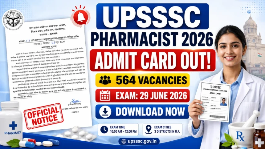 UPSSSC Pharmacist 2026 Admit Card Out thumbnail featuring the official notification, a pharmacist holding an admit card, and key details including 564 vacancies, exam date 29 June 2026, and download information.