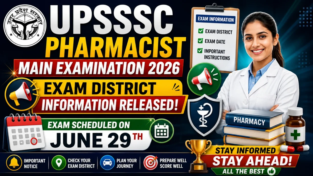 UPSSSC Pharmacist Main Examination 2026 thumbnail announcing the release of exam district information and confirming the examination date of 29 June. The design features pharmacy-themed graphics, a pharmacist illustration, official-style elements, and bold notification text.
