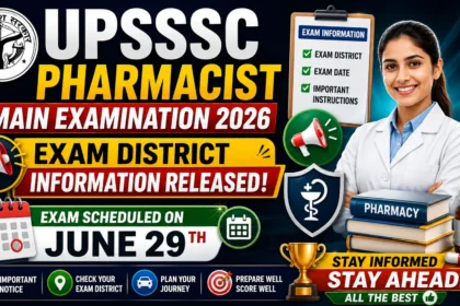 UPSSSC Pharmacist Main Examination 2026 thumbnail announcing the release of exam district information and confirming the examination date of 29 June. The design features pharmacy-themed graphics, a pharmacist illustration, official-style elements, and bold notification text.