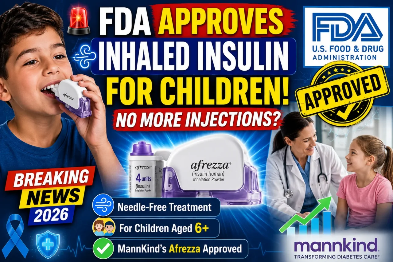 FDA approval news thumbnail featuring a child using an inhaled insulin device, Afrezza inhaler, FDA logo, doctor consulting a young patient, and bold text announcing inhaled insulin approval for children with diabetes.