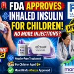 FDA approval news thumbnail featuring a child using an inhaled insulin device, Afrezza inhaler, FDA logo, doctor consulting a young patient, and bold text announcing inhaled insulin approval for children with diabetes.