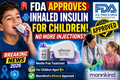 FDA approval news thumbnail featuring a child using an inhaled insulin device, Afrezza inhaler, FDA logo, doctor consulting a young patient, and bold text announcing inhaled insulin approval for children with diabetes.