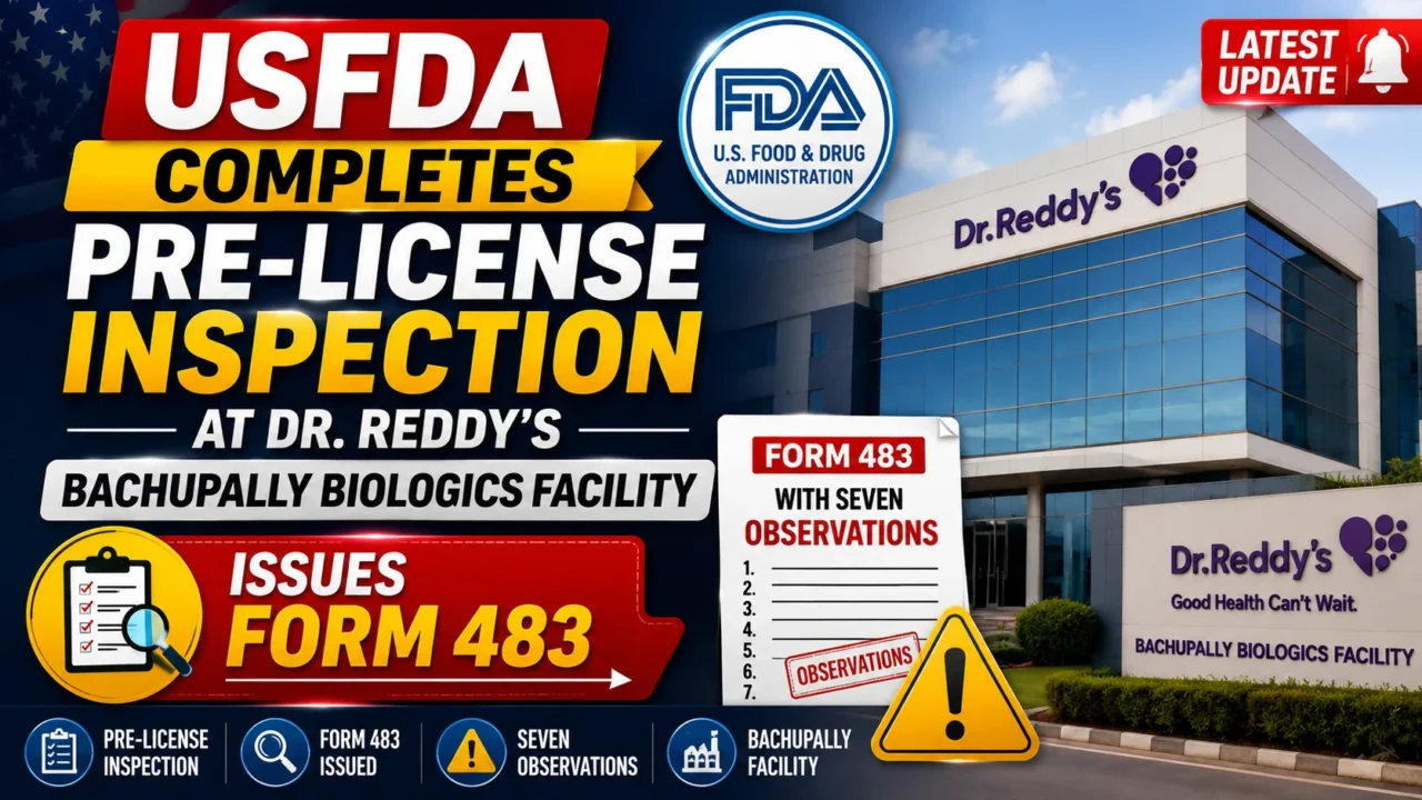YouTube thumbnail highlighting the USFDA pre-license inspection at Dr. Reddy's Bachupally Biologics Facility, featuring Form 483 issued with seven observations, FDA logo, and Dr. Reddy's facility.