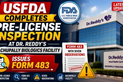 YouTube thumbnail highlighting the USFDA pre-license inspection at Dr. Reddy's Bachupally Biologics Facility, featuring Form 483 issued with seven observations, FDA logo, and Dr. Reddy's facility.