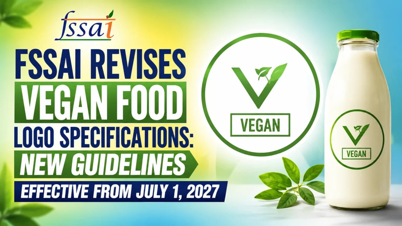 Thumbnail showing FSSAI's revised Vegan Food Logo guidelines with a vegan logo, plant-based milk bottle, green leaves, and text highlighting new specifications effective from July 1, 2027.