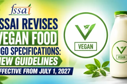 Thumbnail showing FSSAI's revised Vegan Food Logo guidelines with a vegan logo, plant-based milk bottle, green leaves, and text highlighting new specifications effective from July 1, 2027.