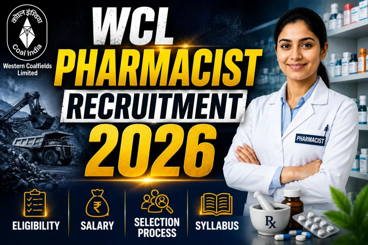 Attractive WCL Pharmacist Recruitment 2026 thumbnail featuring a pharmacist, coal mining background, WCL branding, and bold recruitment text with eligibility, salary, selection process, and syllabus highlights.