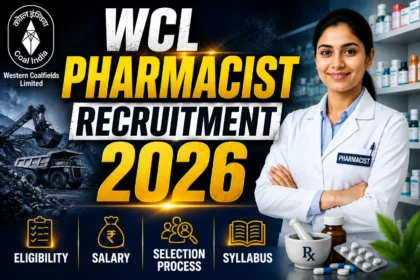 Attractive WCL Pharmacist Recruitment 2026 thumbnail featuring a pharmacist, coal mining background, WCL branding, and bold recruitment text with eligibility, salary, selection process, and syllabus highlights.