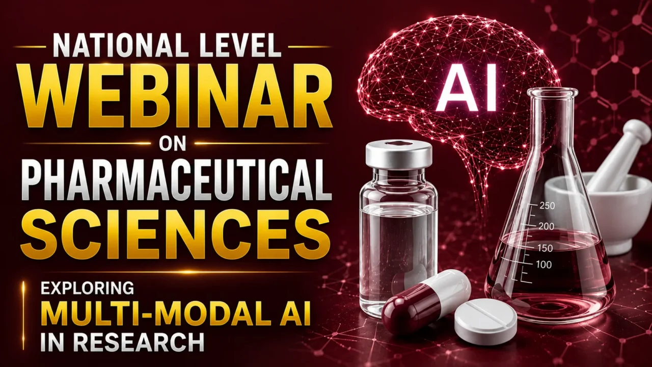 Professional webinar thumbnail featuring Pharmaceutical Sciences and Artificial Intelligence research concepts with a digital AI brain, laboratory flask, medicine vial, capsule, and tablet on a premium maroon background.