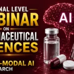 Professional webinar thumbnail featuring Pharmaceutical Sciences and Artificial Intelligence research concepts with a digital AI brain, laboratory flask, medicine vial, capsule, and tablet on a premium maroon background.
