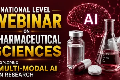 Professional webinar thumbnail featuring Pharmaceutical Sciences and Artificial Intelligence research concepts with a digital AI brain, laboratory flask, medicine vial, capsule, and tablet on a premium maroon background.