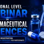 National Level Webinar on Pharmaceutical Sciences promotional banner featuring laboratory glassware, medicine capsule, tablet, and free registration with E-certificate on a dark blue scientific background.
